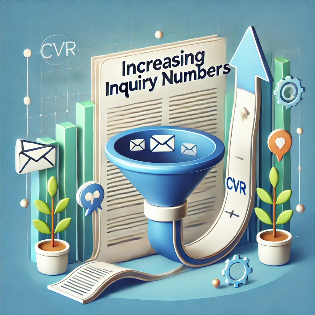 An image designed to represent the concept of increasing inquiry numbers (CVR) through article optimization. The image should feature a webpage or article with highlighted sections, leading into a funnel with inquiry icons (e.g., envelopes or chat bubbles) flowing through it. Arrows should point upwards to signify growth, and the design should be modern, clean, and professional, using a color palette of blues, greens, and whites. The background should be subtle, ensuring the focus remains on the key elements of conversion and inquiry growth.