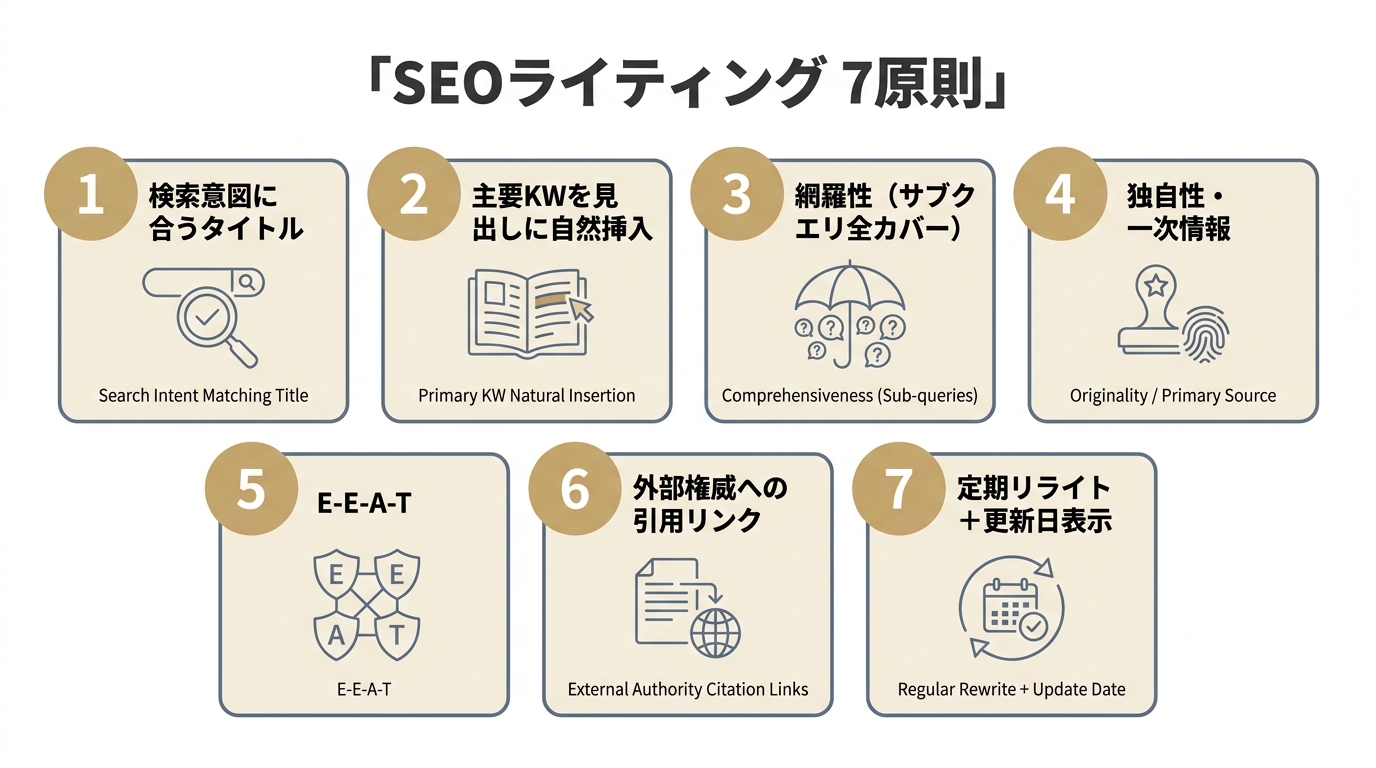 SEOライティングの7原則をまとめた図（検索意図・KW挿入・網羅性・独自性・E-E-A-T・外部引用・リライト）