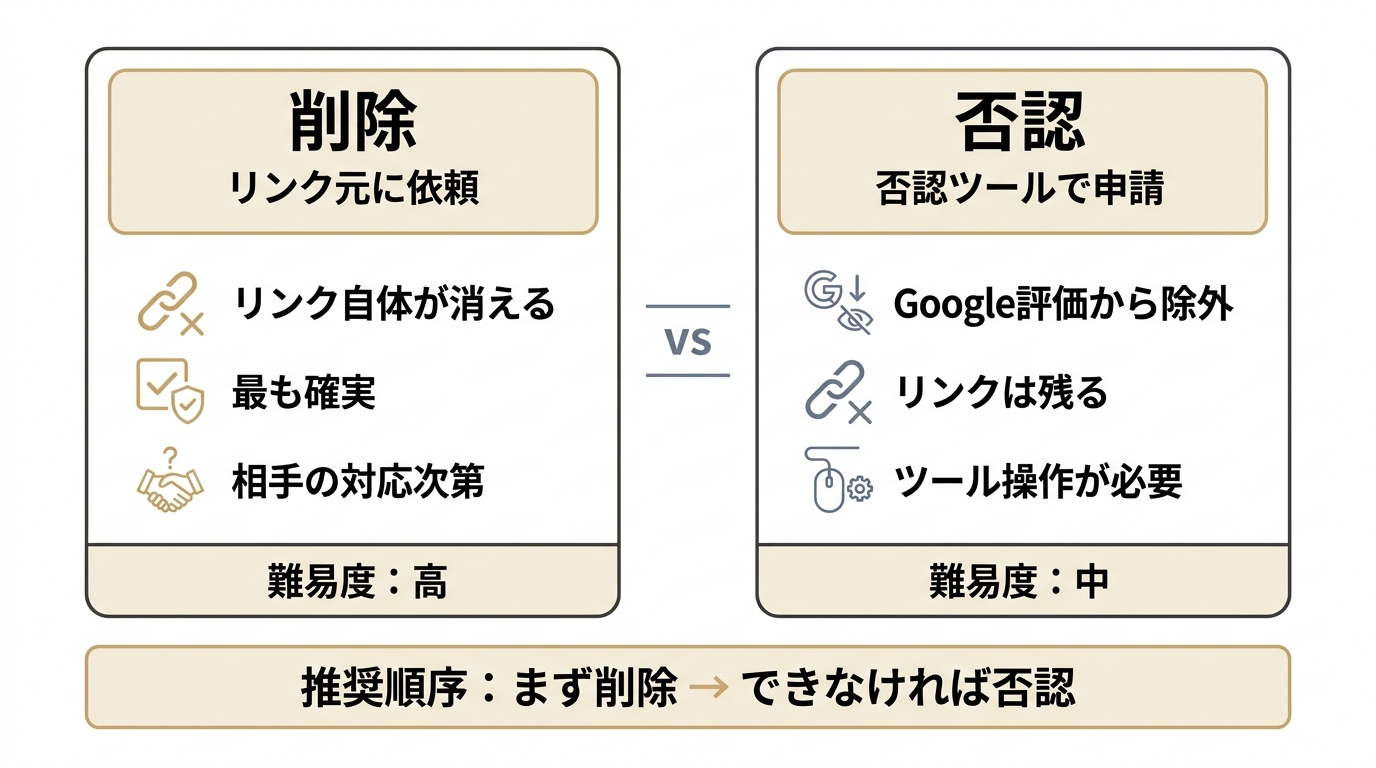 被リンクの削除と否認の違いを比較した図。削除はリンク自体が消えて確実だが難易度が高く、否認はGoogle評価から除外されるがリンクは残る。