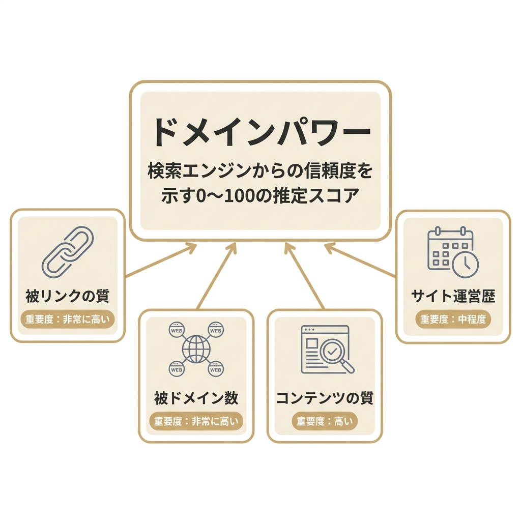 ドメインパワーの定義と算出要素を示す図。被リンクの質・被ドメイン数・コンテンツの質・サイト運営歴の4要素で0〜100のスコアが決まる