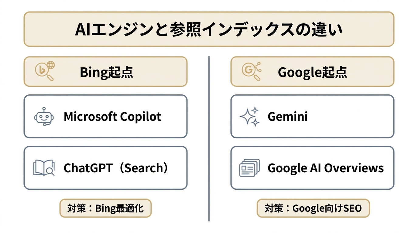 主要AIエンジンを参照インデックス別に分類した図。Microsoft CopilotとChatGPTはBing起点、GeminiとGoogle AI OverviewsはGoogle起点であることを示す。