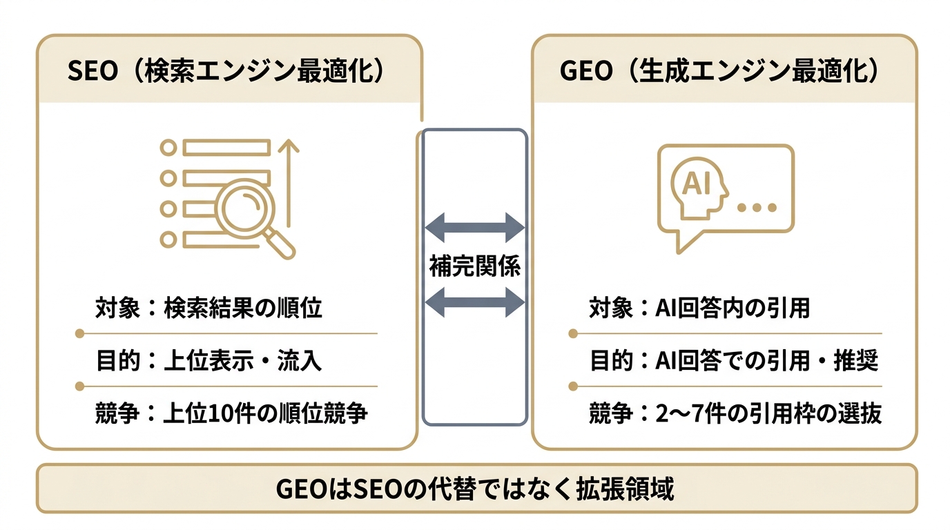 SEOとGEOの違いを対象・目的・競争構造の3軸で比較した図。SEOは検索順位、GEOはAI回答内の引用を狙う補完関係。