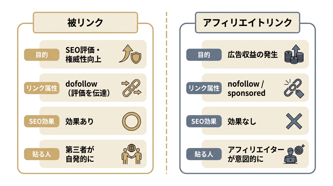 被リンクとアフィリエイトリンクを目的・属性・SEO効果・貼る人で比較した図