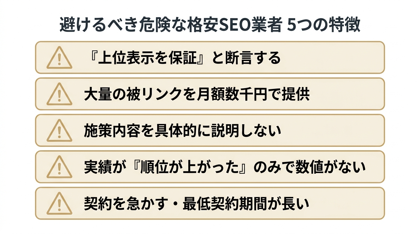 避けるべき危険な格安SEO業者の5つの特徴を示した図解