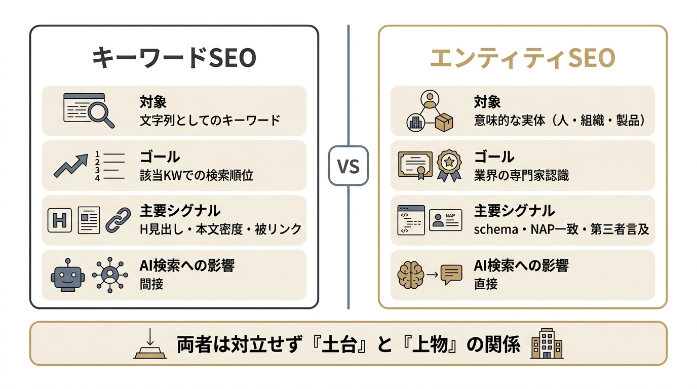 キーワードSEOとエンティティSEOの対象・ゴール・シグナル・AI検索への影響を対比した比較図