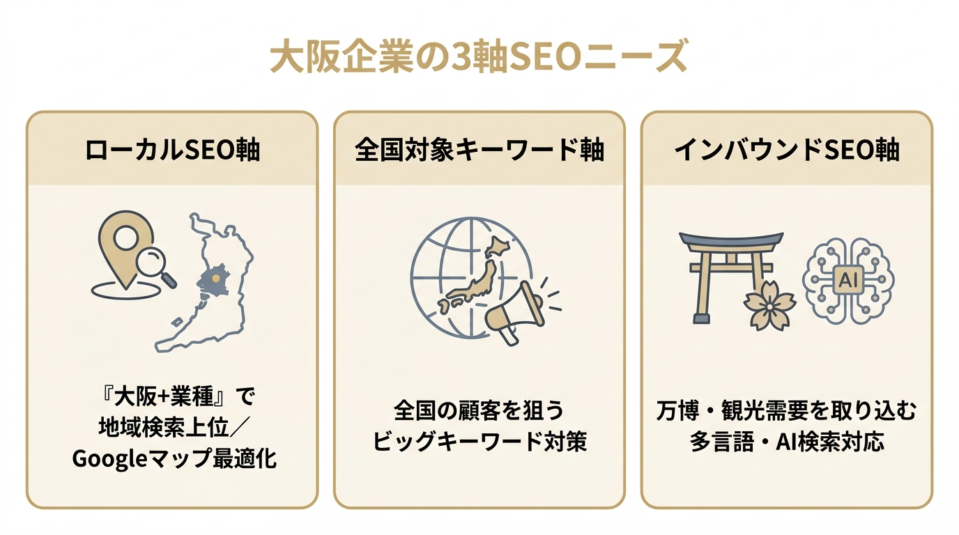 大阪企業のSEOニーズを示す3軸（ローカルSEO・全国キーワード・インバウンド）の分類図
