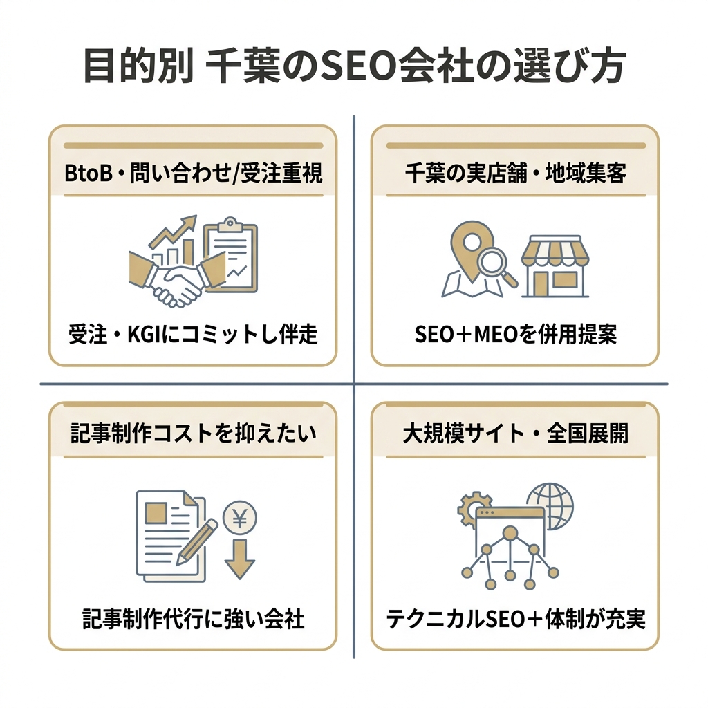 目的・企業タイプ別に千葉のSEO会社を選ぶ基準を示した2×2マトリクス図