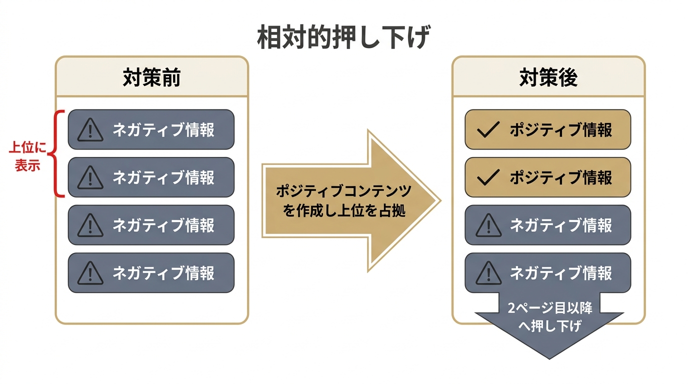 逆SEO対策の相対的押し下げの仕組みを示す対策前後の比較図