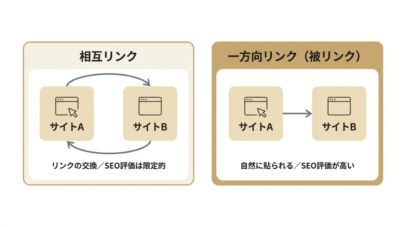 相互リンクと一方向リンクの構造を比較した図。相互リンクはサイト間で双方向、一方向リンクは片方向で評価が高い