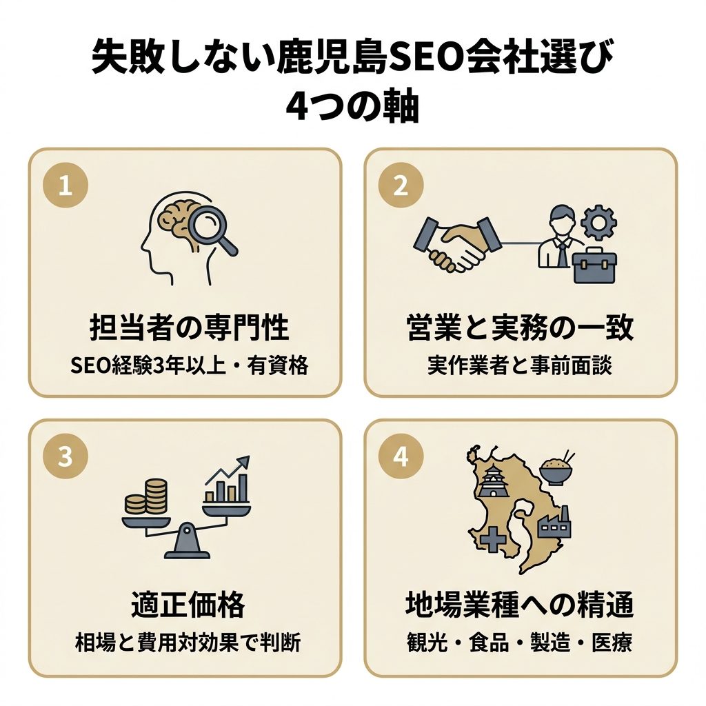 鹿児島でSEO会社を選ぶ4つの軸(担当者の専門性・営業と実務の一致・適正価格・地場業種への精通)を示した図