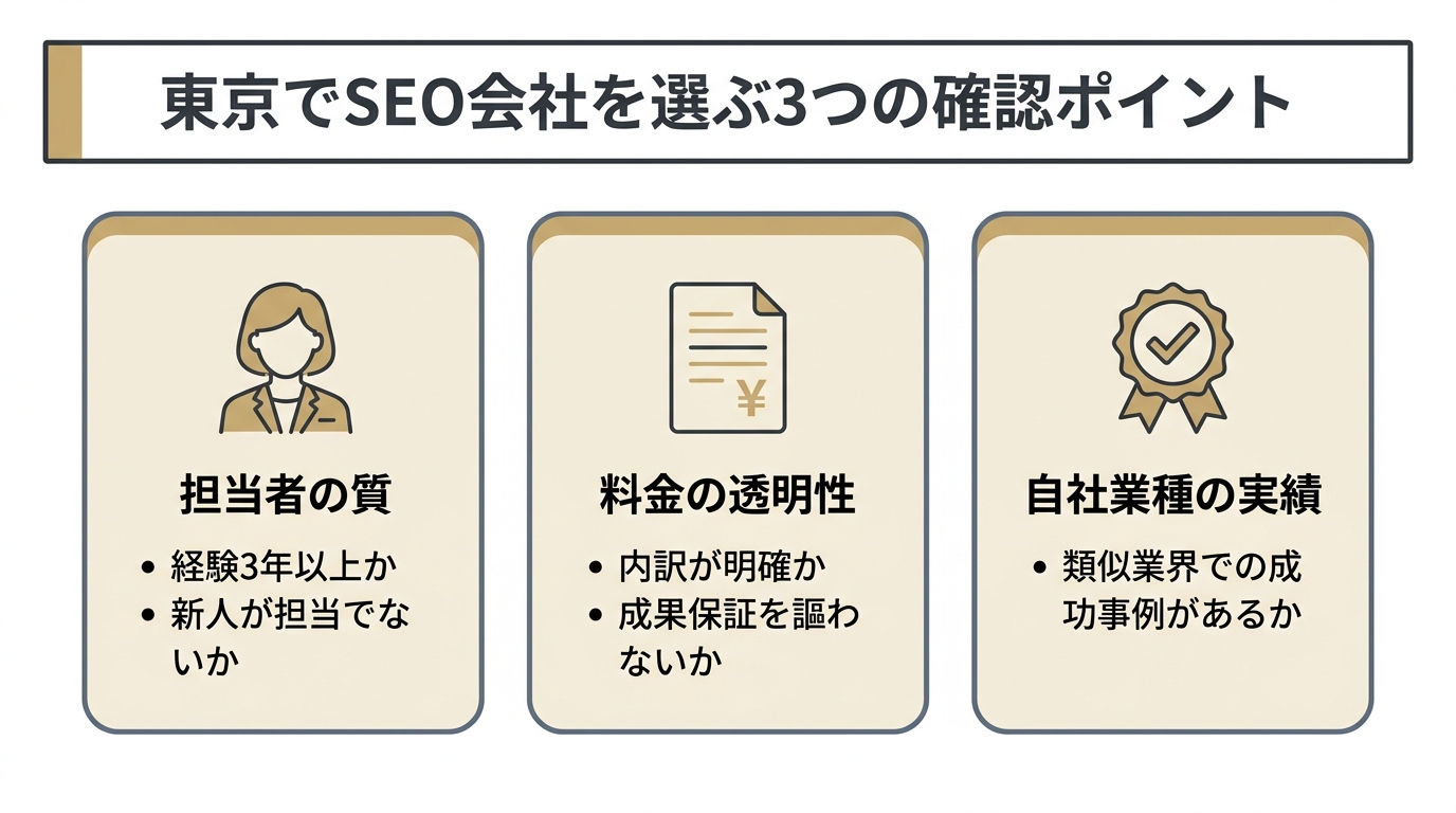 東京でSEO会社を選ぶ際に確認すべき3つのポイント（担当者の質・料金の透明性・自社業種の実績）を示した図解