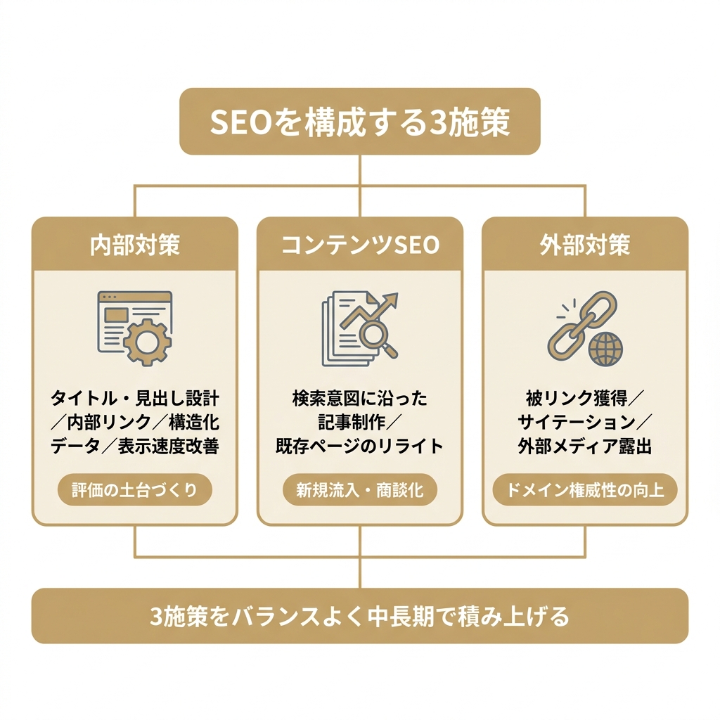 SEOを構成する内部対策・コンテンツSEO・外部対策の3施策と効果を示す図解