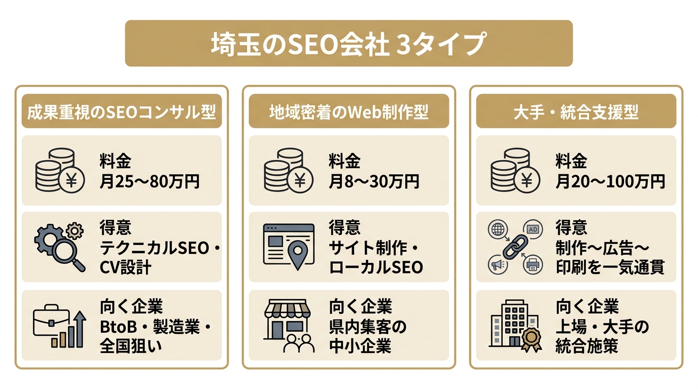 埼玉のSEO対策会社を成果重視のコンサル型・地域密着の制作型・大手統合型の3タイプで料金と得意領域を比較した早見表