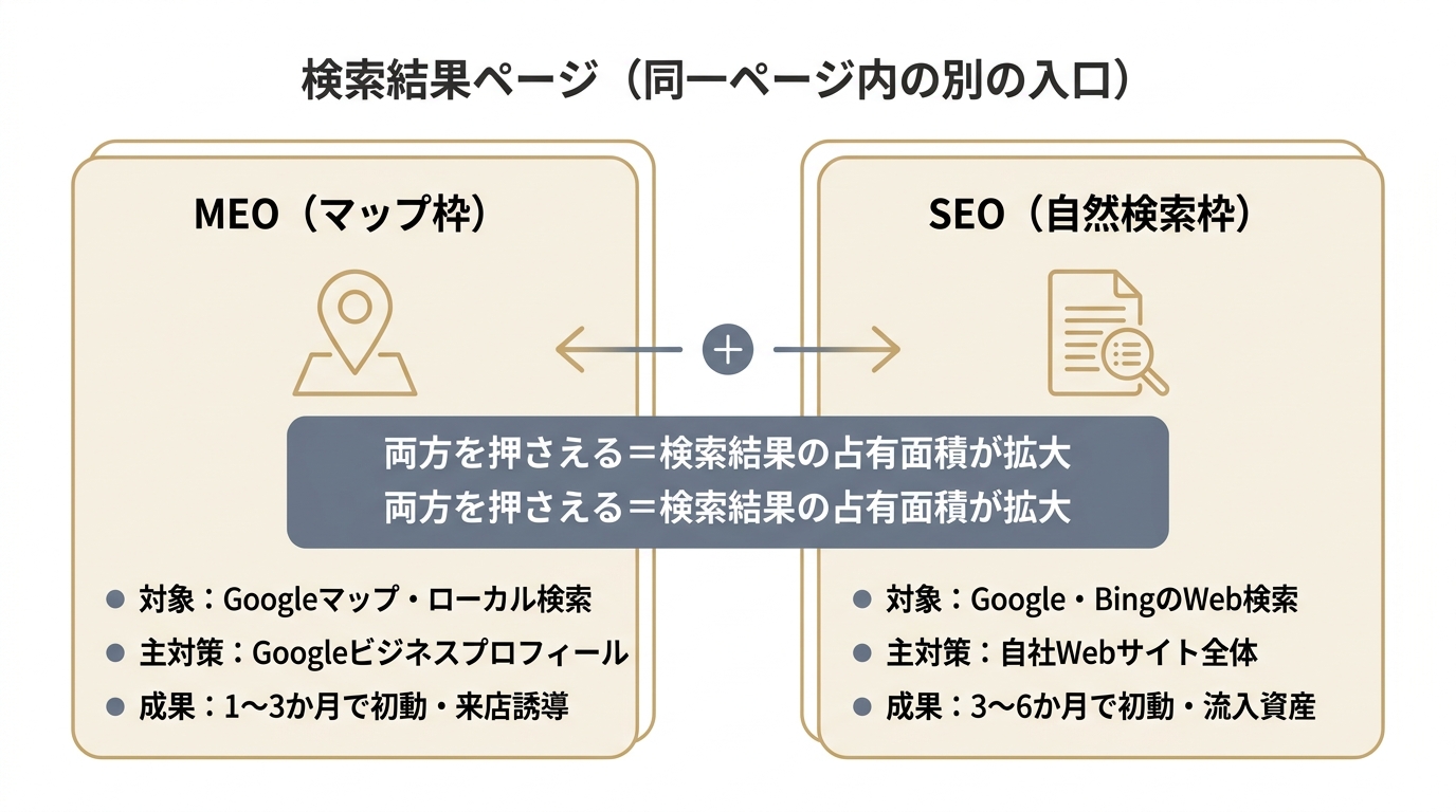 SEOとMEOが同じ検索結果ページの別々の枠に表示され補完関係にあることを示す図