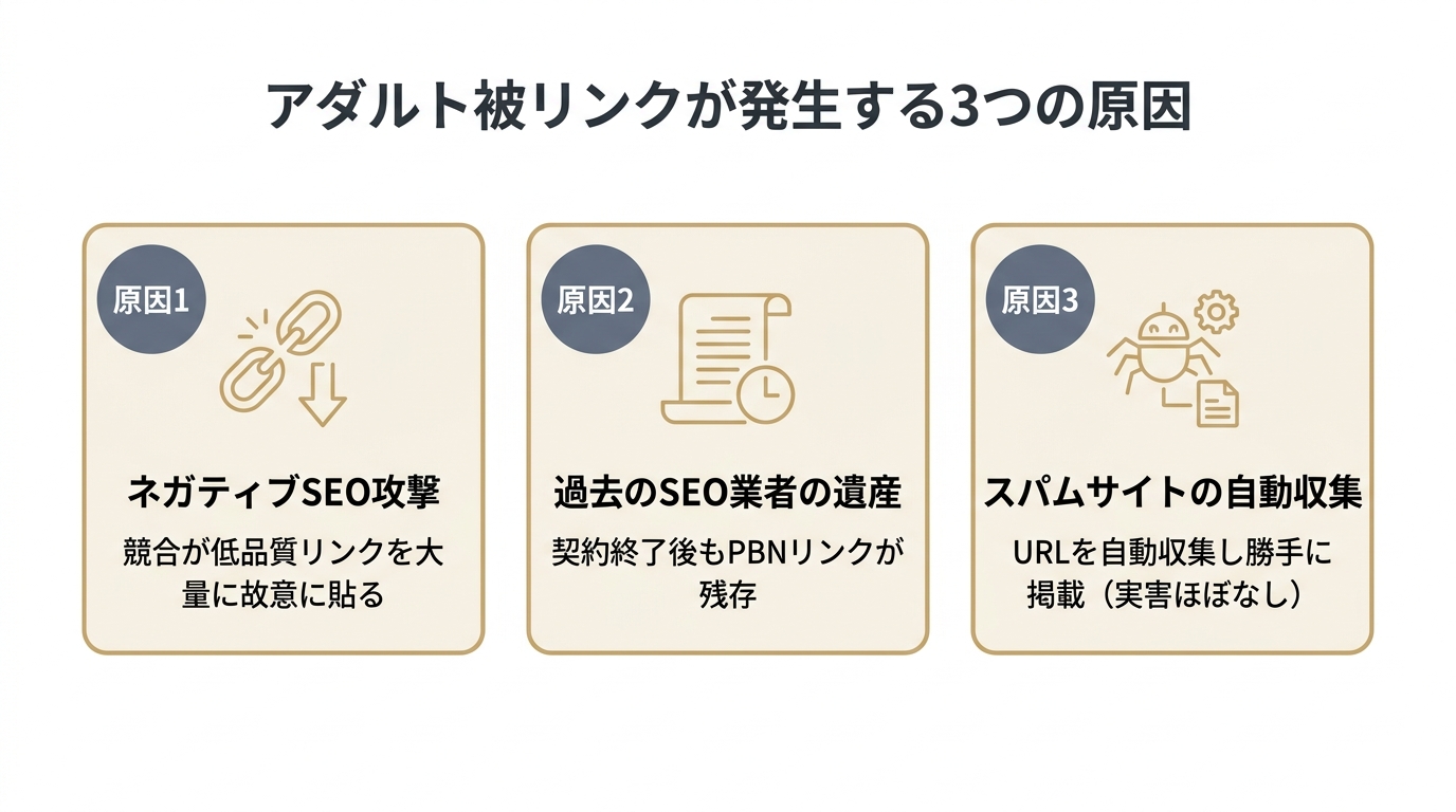 アダルトサイトからの被リンクが発生する3つの原因（ネガティブSEO攻撃・過去のSEO業者の遺産・スパムサイトの自動収集）を示す図