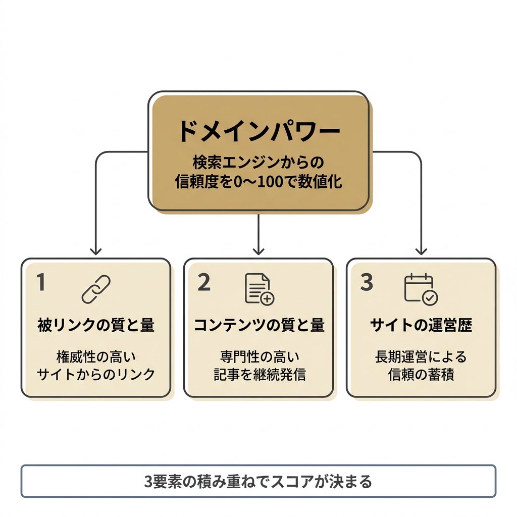 ドメインパワーを決める3つの評価要素（被リンク・コンテンツの質と量・サイト運営歴）を示した図