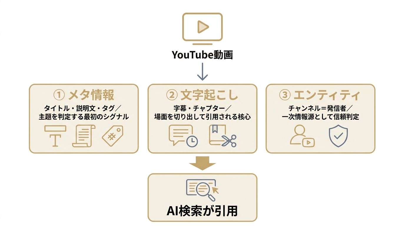 YouTube動画がAI検索で評価される3つの仕組み（メタ情報・文字起こし・エンティティ）を示す図