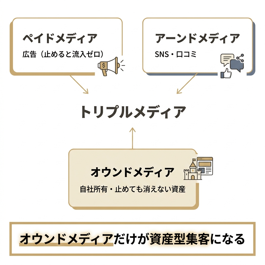 トリプルメディア（ペイド・アーンド・オウンド）の関係と、オウンドメディアが資産型集客になることを示す図