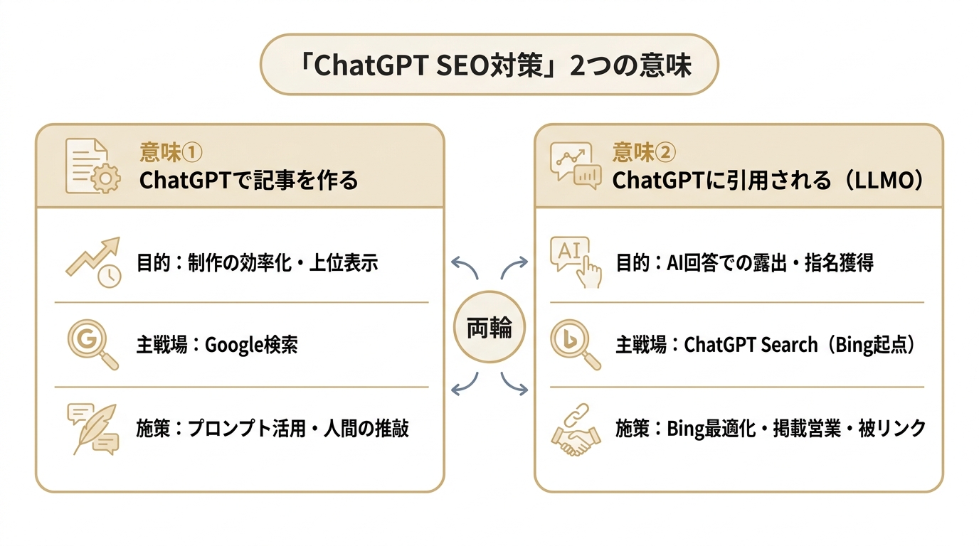 ChatGPT SEO対策の2つの意味（記事を作る・引用される）を比較した図