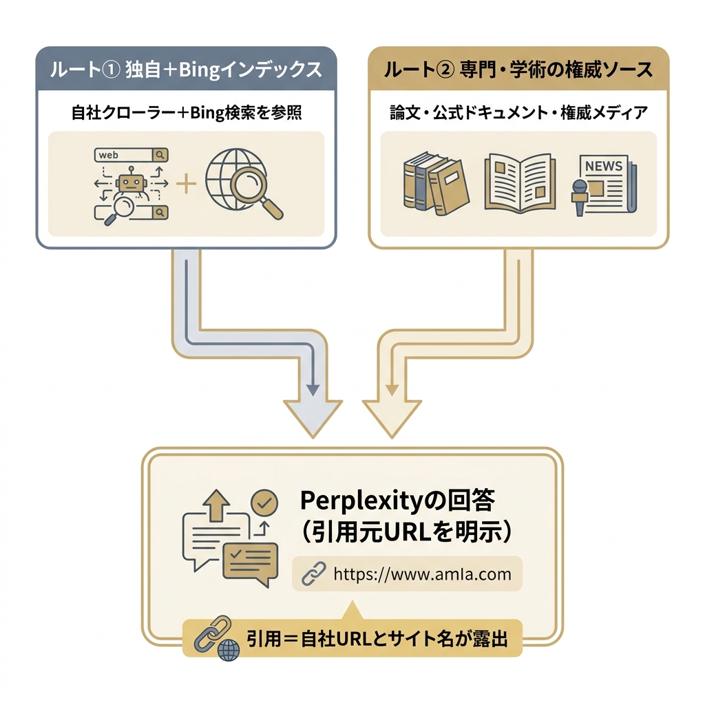 Perplexityが独自＋Bingインデックスと専門領域の権威ソースという2つのルートで情報を取得し、引用元URLを明示する回答を生成する仕組みを示した図