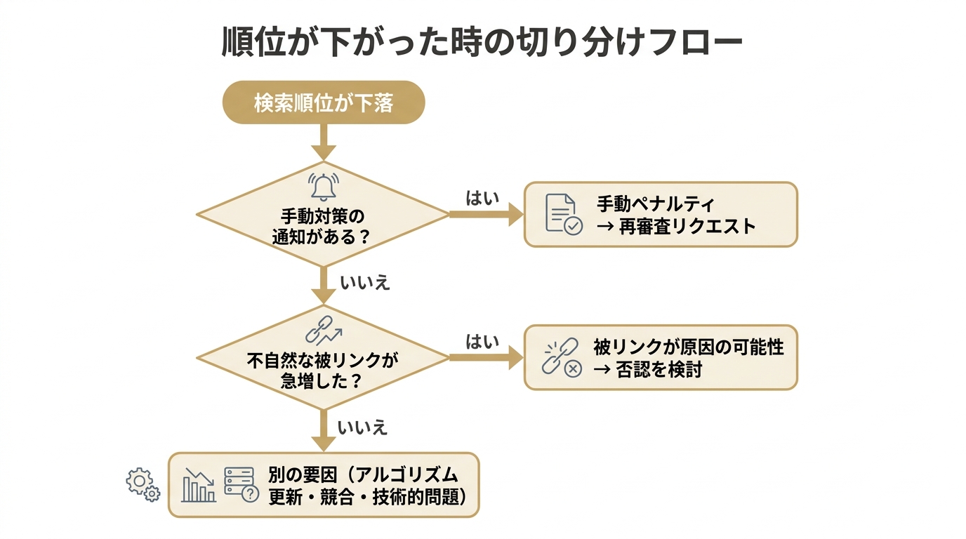 順位が下がった時の切り分けフローチャート（手動ペナルティ・被リンク・別要因）