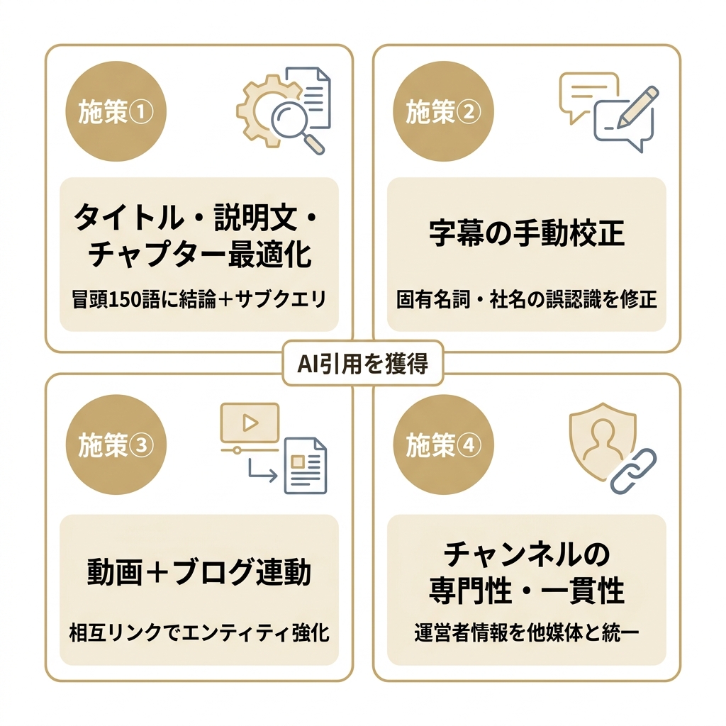YouTube LLMOでAI引用を獲得する4つの実行施策を示す2×2グリッド図