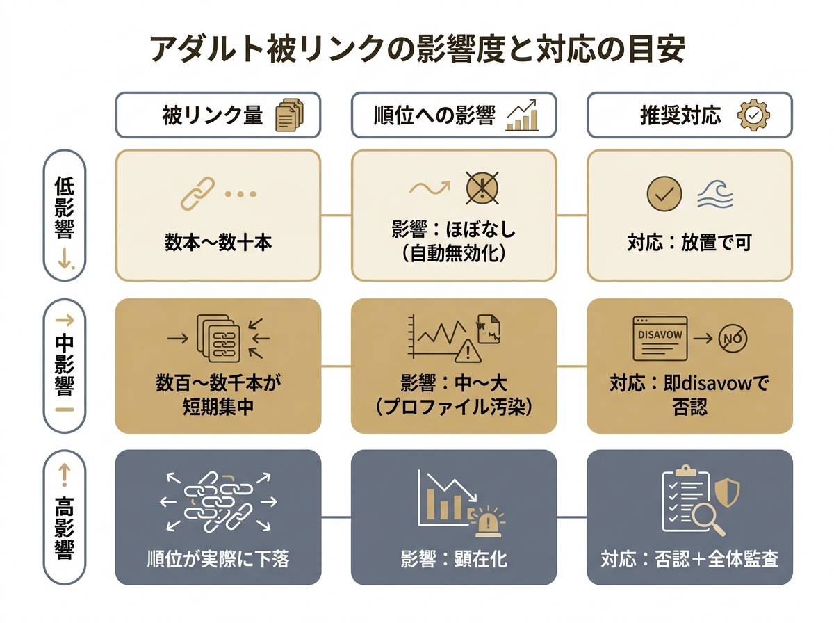 アダルトサイト被リンクの量に応じたSEOへの影響度と推奨対応（放置可・即否認・全体監査）を示す図