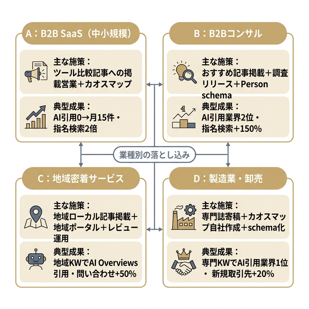 業種別（B2B SaaS・コンサル・地域密着・製造業）のAI検索対策成功パターンを示す2×2図
