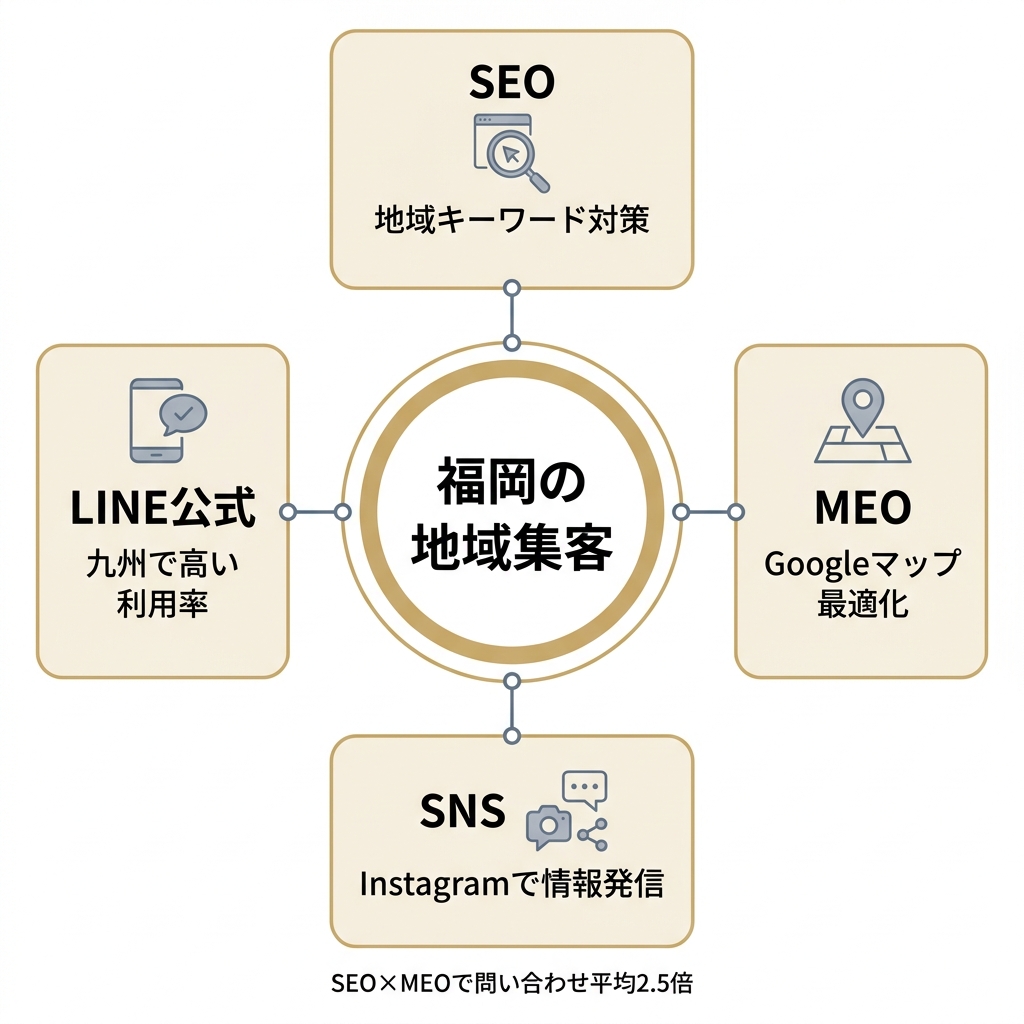 福岡の地域集客をSEO・MEO・SNS・LINE公式の4チャネルで統合する戦略を示した図