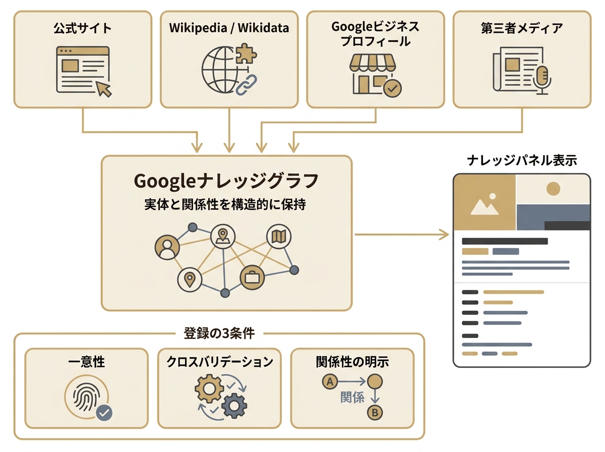 複数の外部ソースからGoogleナレッジグラフへの登録とナレッジパネル表示、登録3条件を示した図