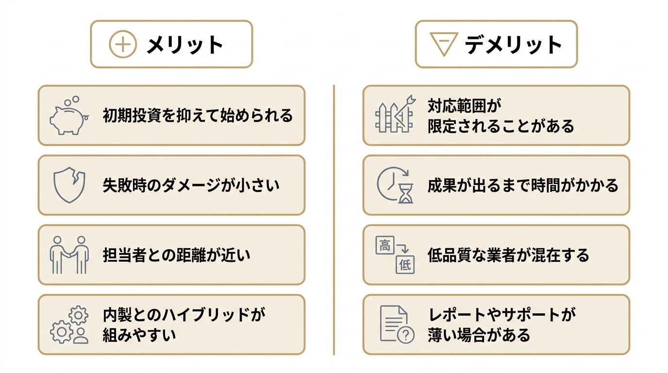 格安SEO対策のメリットとデメリットを左右で比較した図解