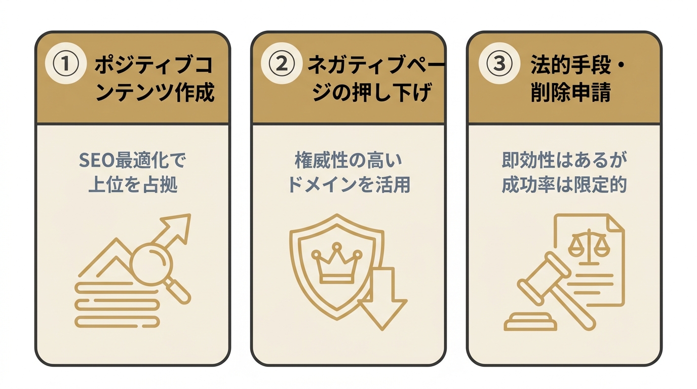逆SEO対策の3つの主要手法を並べた図