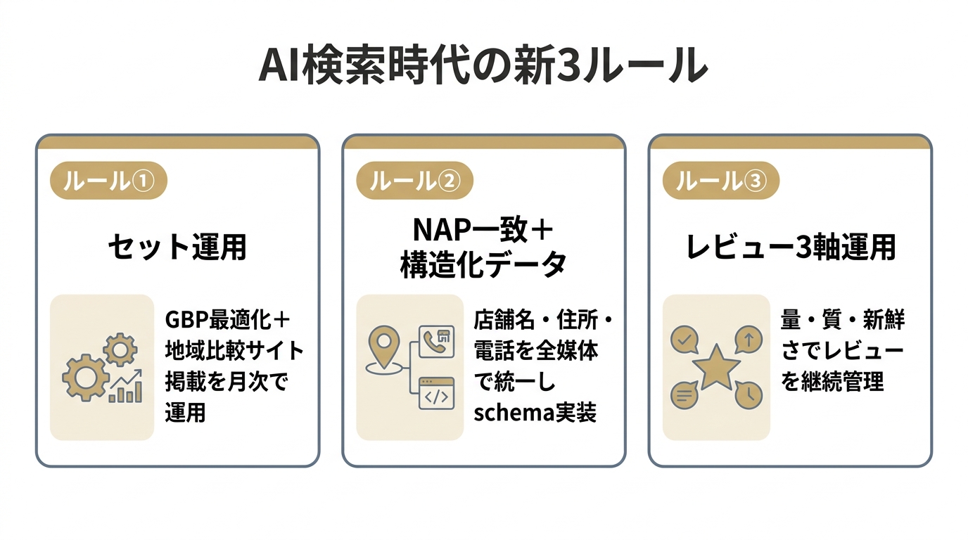 AI検索時代のMEO対策で押さえるべき新3ルールの図解。地域比較サイトとのセット運用、NAP一致と構造化データ、レビューの3軸運用を横並びで提示。