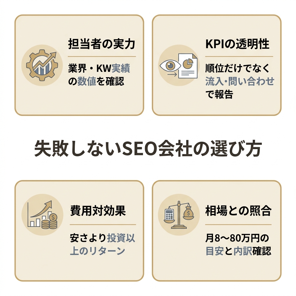 埼玉でSEO会社を選ぶ4つの判断基準(担当者の実力・KPIの透明性・費用対効果・相場との照合)を示した2×2のマトリクス図