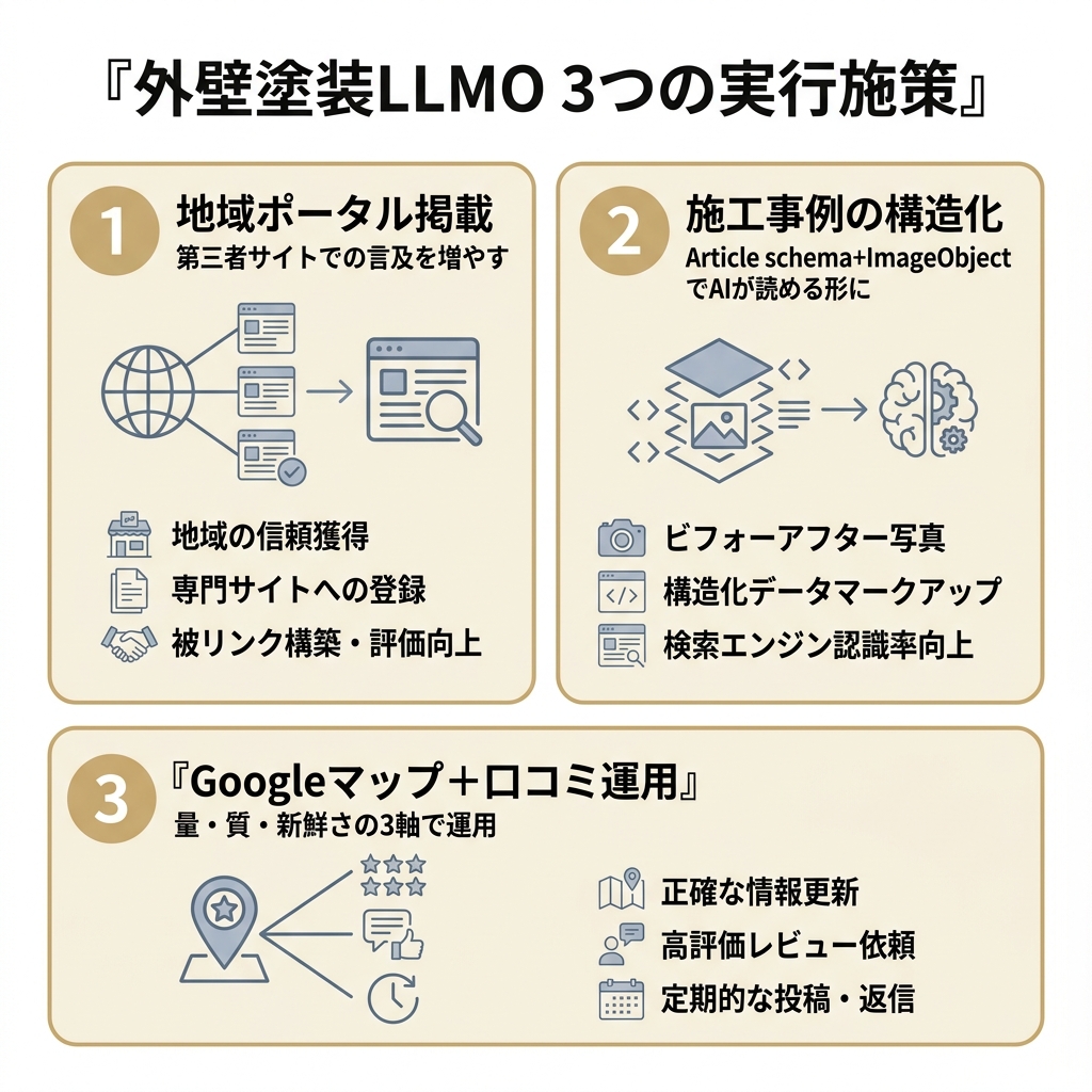 外壁塗装のLLMO対策の3つの実行施策（地域ポータル掲載・施工事例の構造化・Googleマップと口コミ運用）を並べた図。