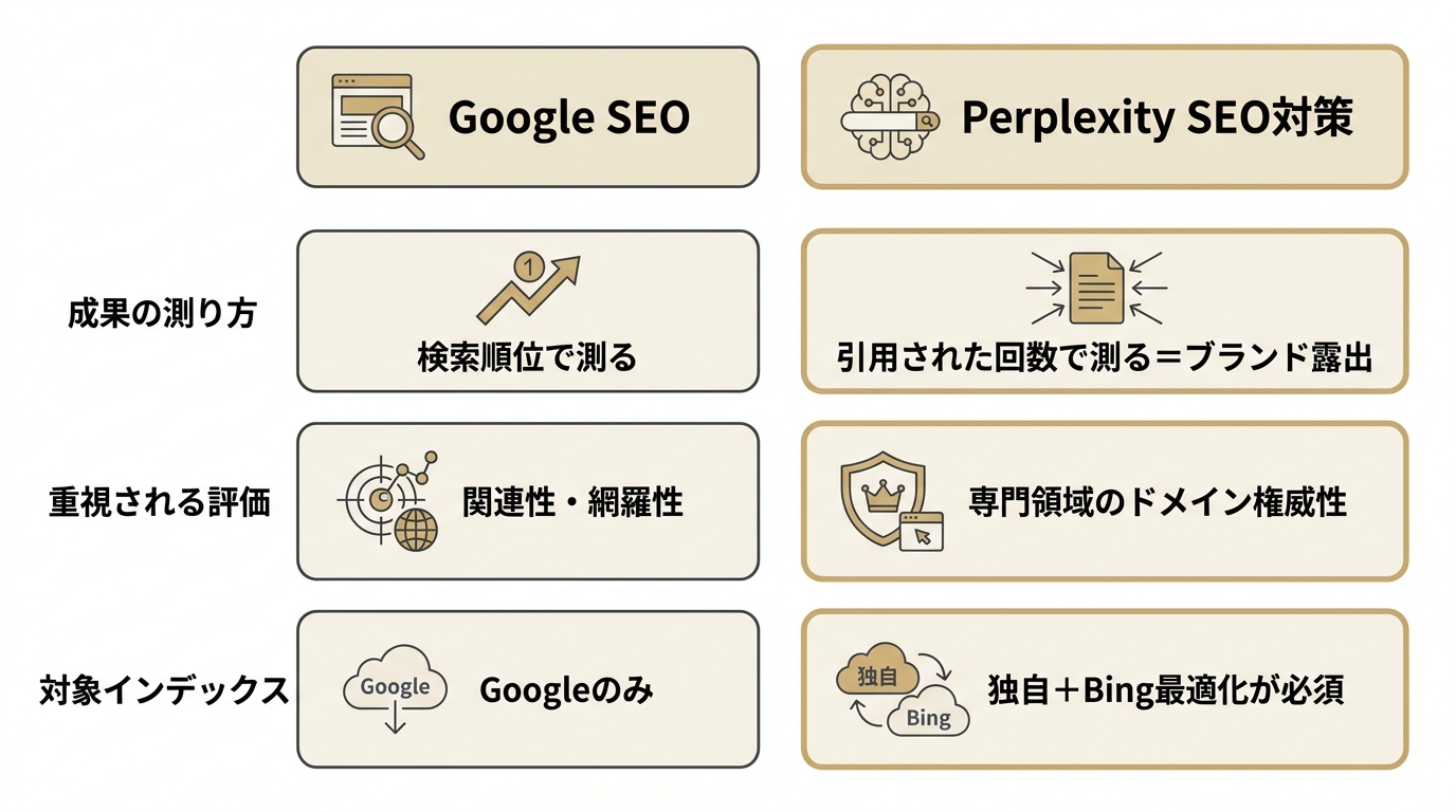 Google SEOとPerplexity SEO対策の違いを成果指標・重視される評価・対象インデックスの3観点で対比した比較図