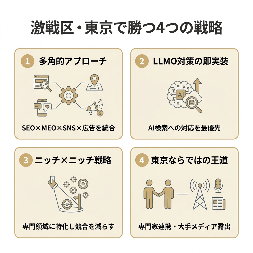 激戦区である東京でSEO流入を勝ち取るための4つの戦略（多角的アプローチ・LLMO対策・ニッチ戦略・東京ならではの王道）を2x2で示した図解