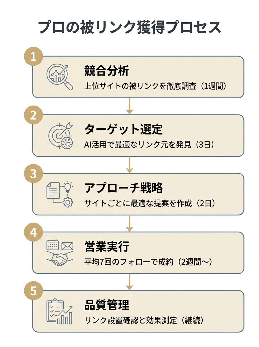 プロが行う被リンク獲得代行の5ステップを示した縦型フロー図。競合分析、ターゲット選定、アプローチ戦略、営業実行、品質管理。