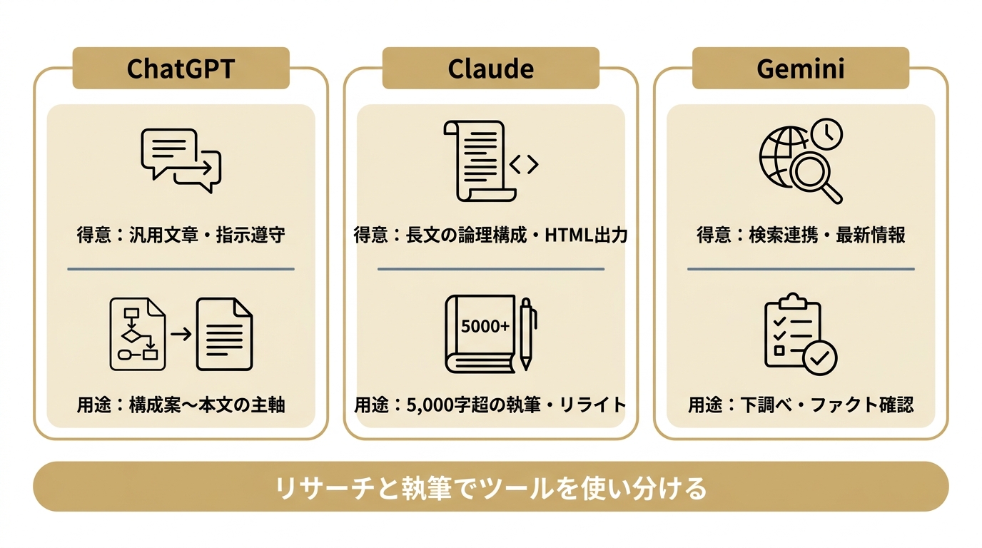 ChatGPT・Claude・Geminiの記事制作での使い分けを比較した図解