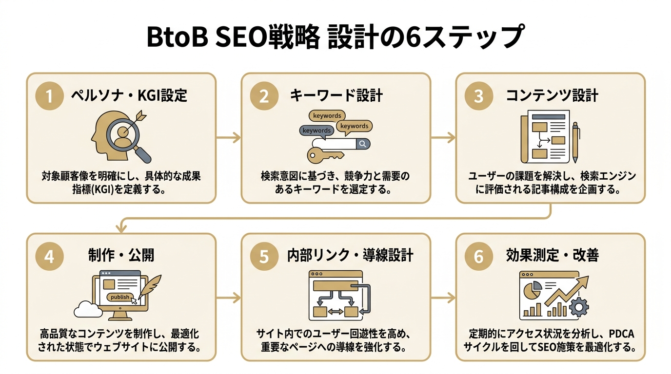 BtoB SEO戦略を設計する6ステップのフロー図（ペルソナ設定から効果測定・改善まで）