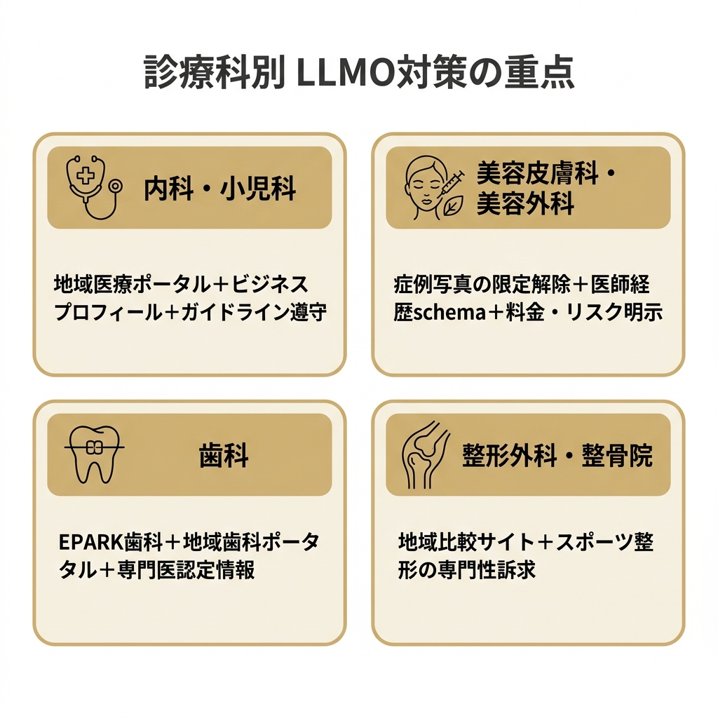 診療科別のクリニックLLMO対策の重点を2x2で示した図