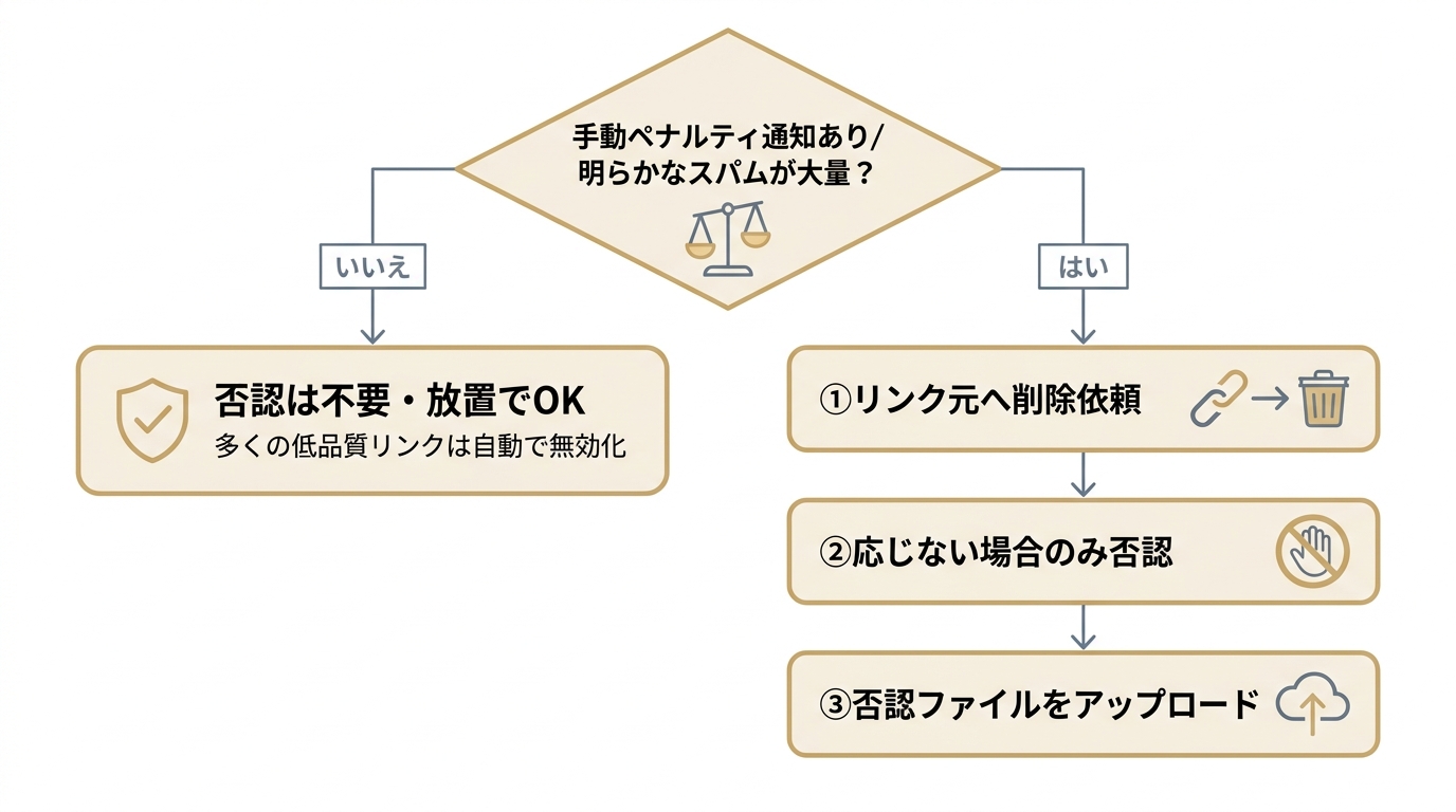 低品質リンクへの対処を示すフローチャート。否認が必要かの判断分岐と、削除依頼から否認ファイルアップロードまでの正しい手順を表す。