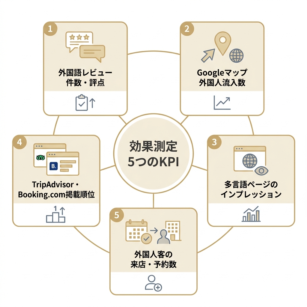 インバウンドローカルSEOの効果測定で見る5つのKPIを中心円から放射状に示した図