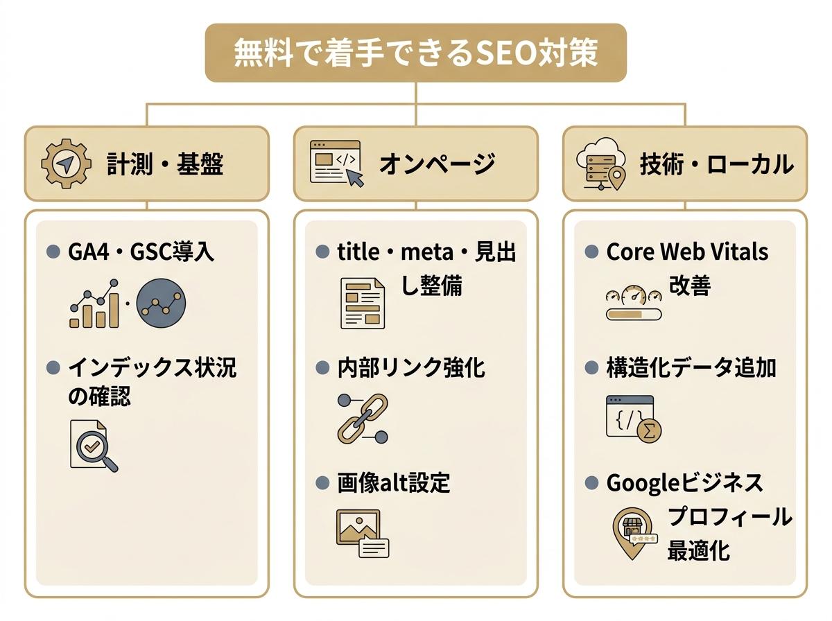 無料で着手できるSEO対策を計測・オンページ・技術ローカルの3カテゴリに整理した図