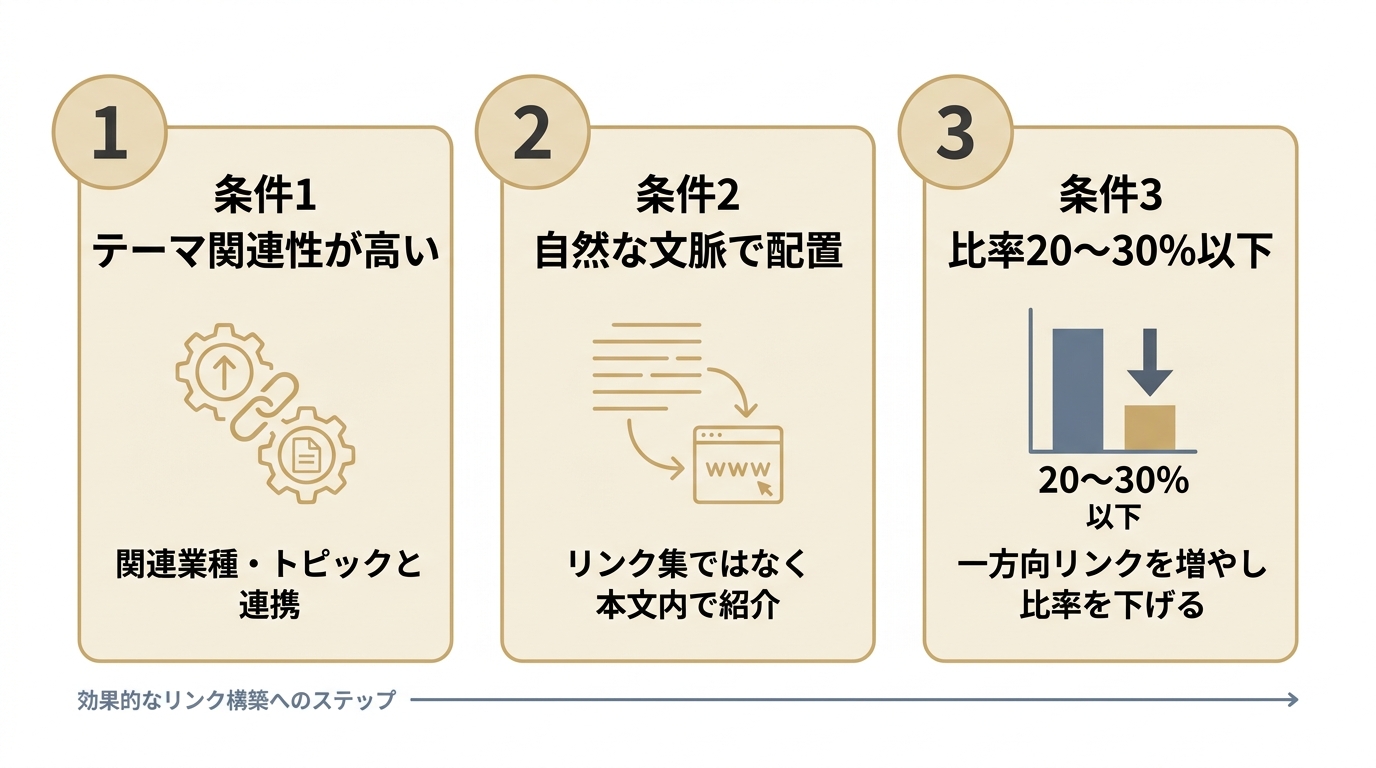 健全な相互リンクの3つの条件を示した図。テーマ関連性、自然な文脈、比率20〜30%以下