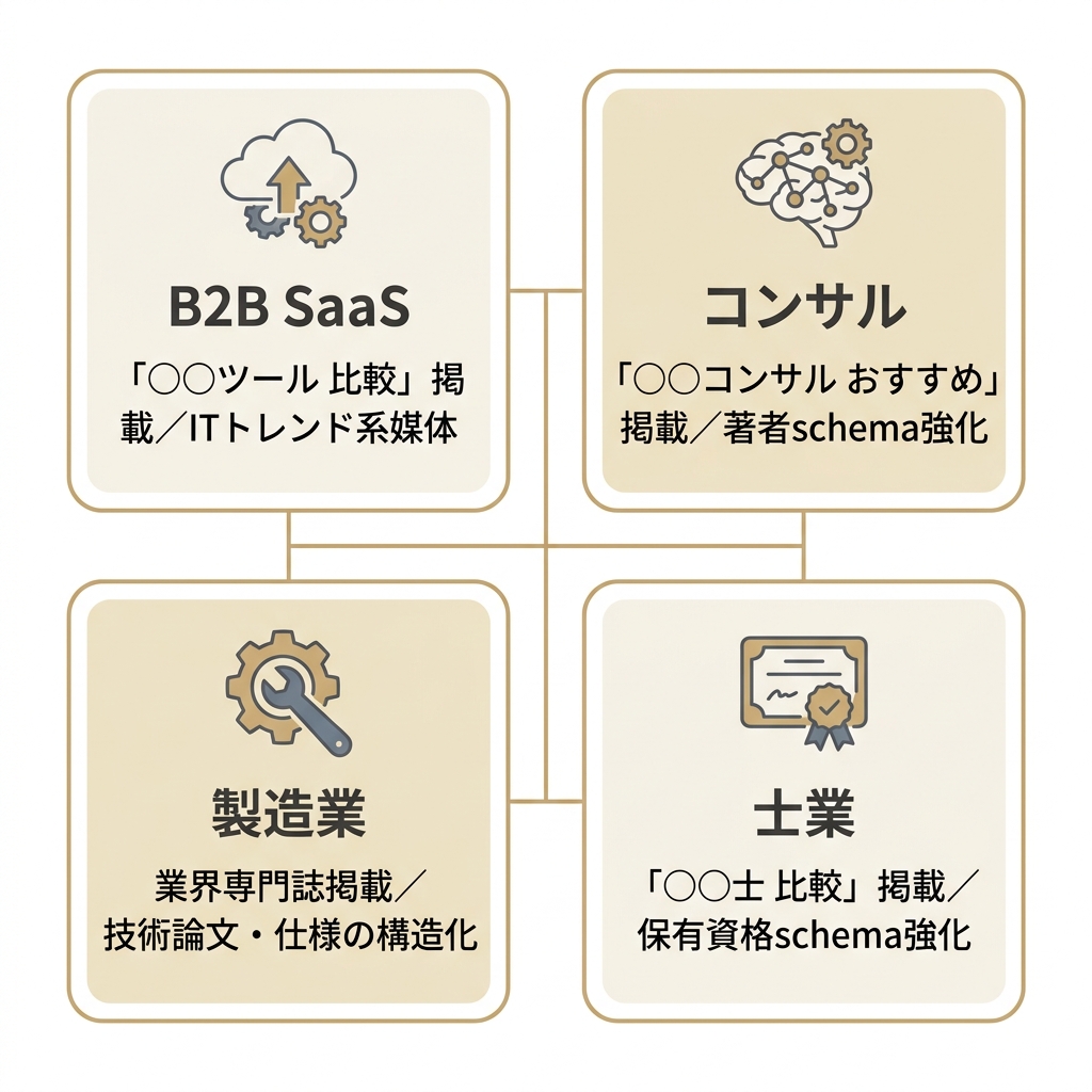 SaaS・コンサル・製造業・士業の業種別にLLMO対策の重点を整理した2×2の図