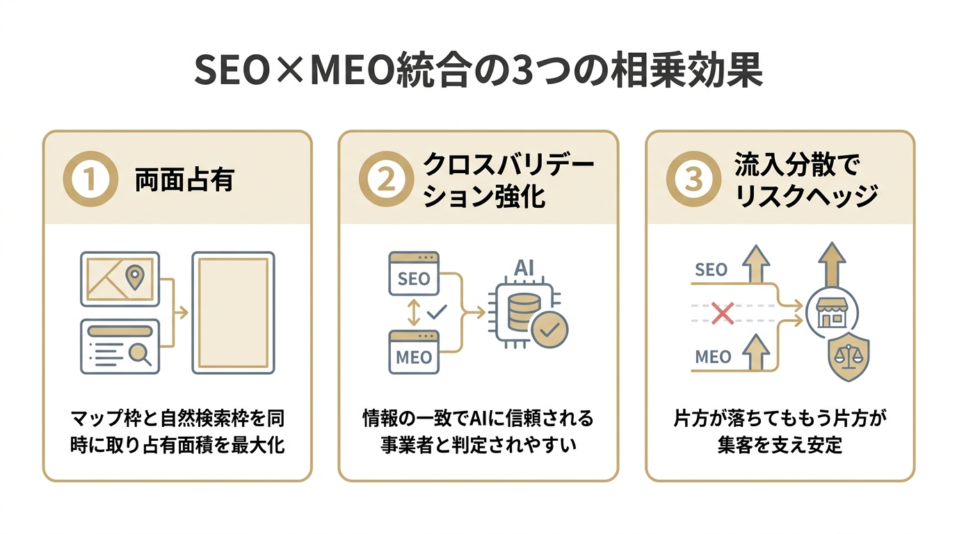 SEOとMEOを統合運用する3つのメリットを並べた図