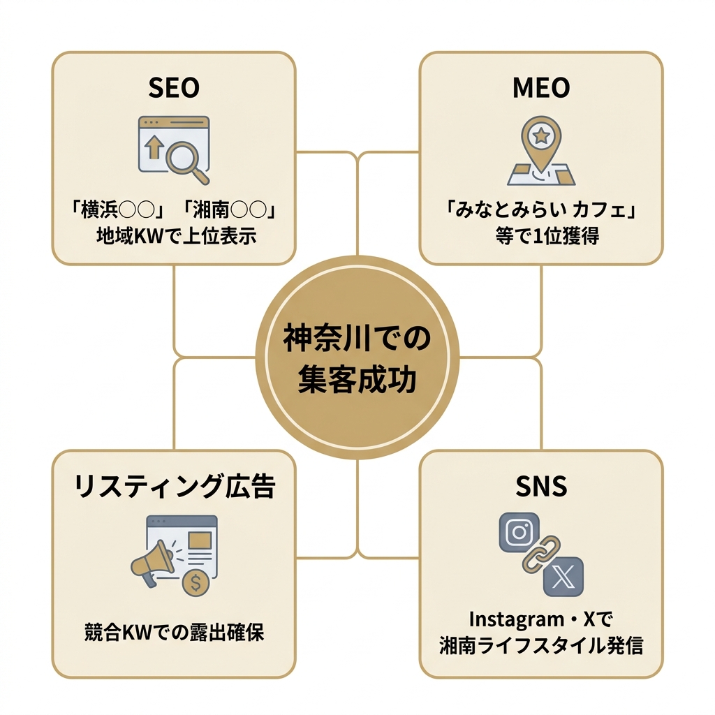 神奈川でSEO・MEO・SNS・広告を統合した多角的集客戦略を示した図