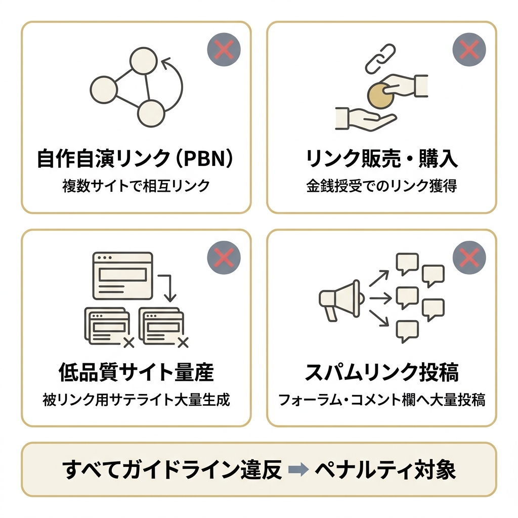 PBN・リンク購入・低品質サイト量産・スパム投稿の被リンクNG手法4つを示した図