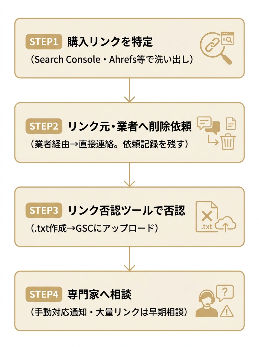 被リンクを購入してしまった場合の対処法を4ステップで示したフロー図。リンク特定、削除依頼、否認、専門家相談の順。